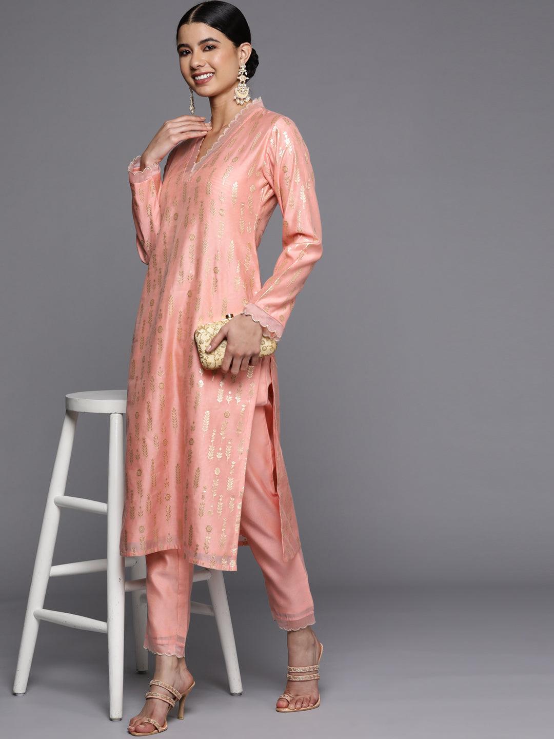 Peach Woven Design Jacquard Straight Kurta