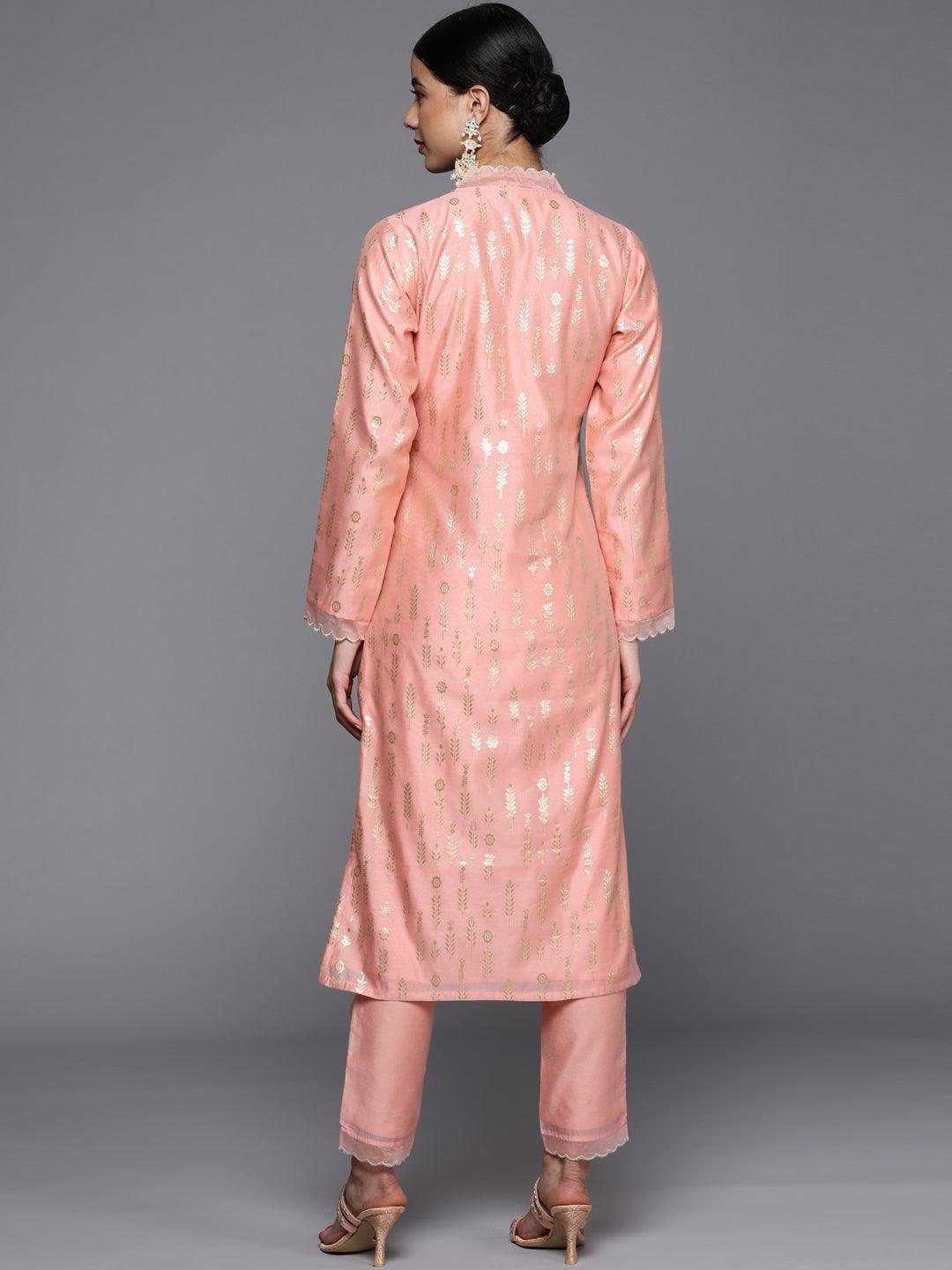 Peach Woven Design Jacquard Straight Kurta