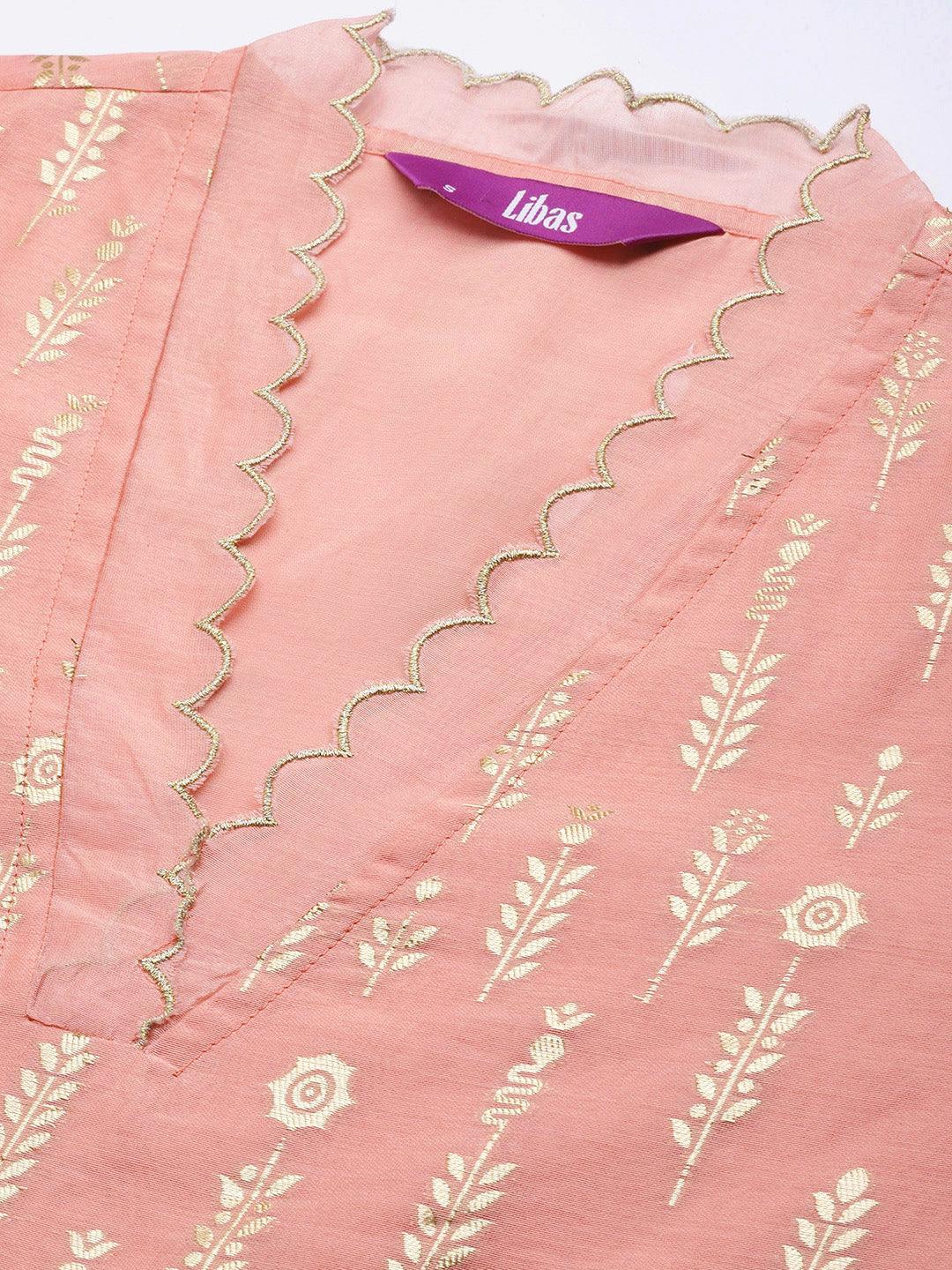 Peach Woven Design Jacquard Straight Kurta