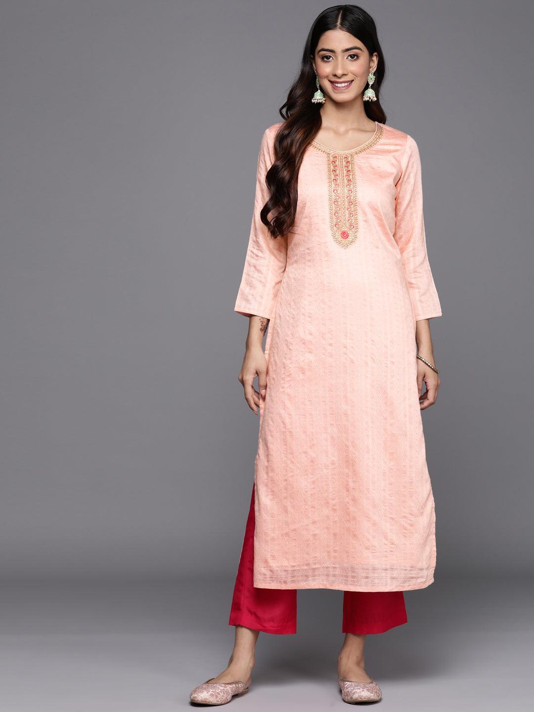 Peach Woven Design Rayon Straight Kurta