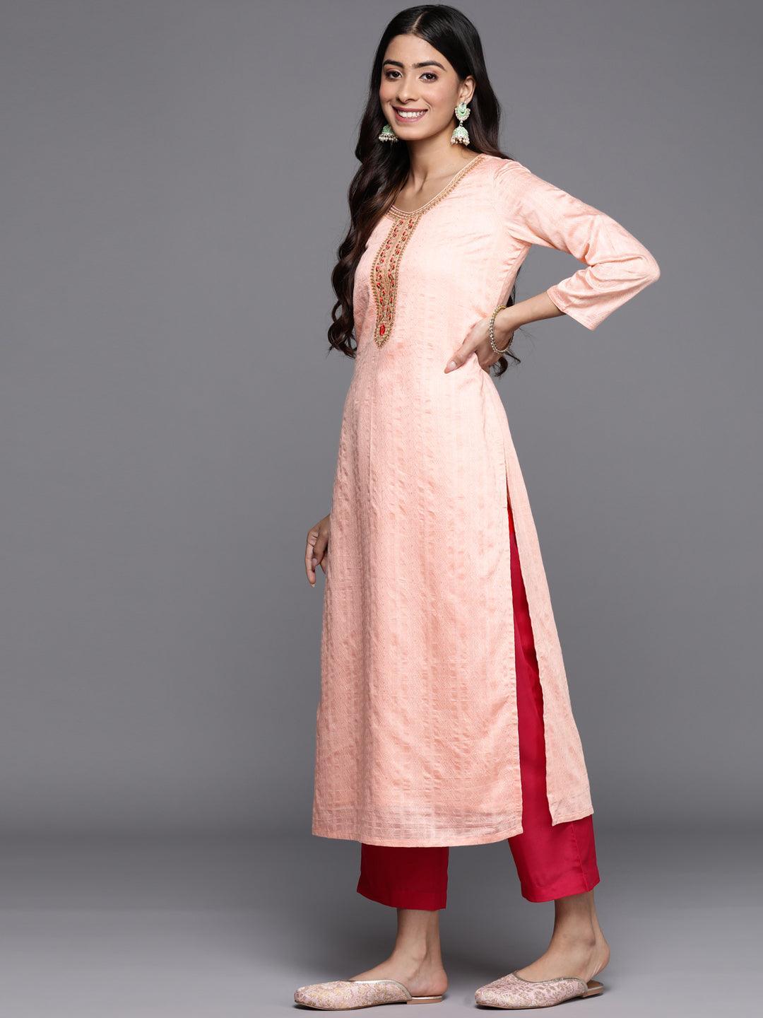 Peach Woven Design Rayon Straight Kurta - ShopLibas