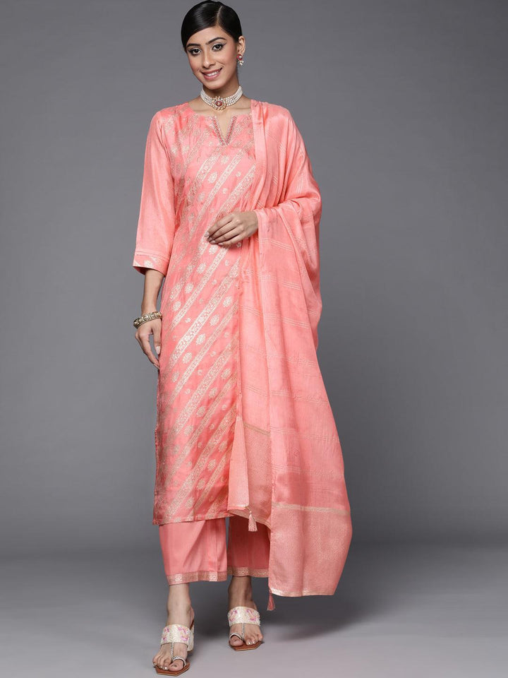 Peach Woven Design Silk Blend Straight Suit Set - ShopLibas