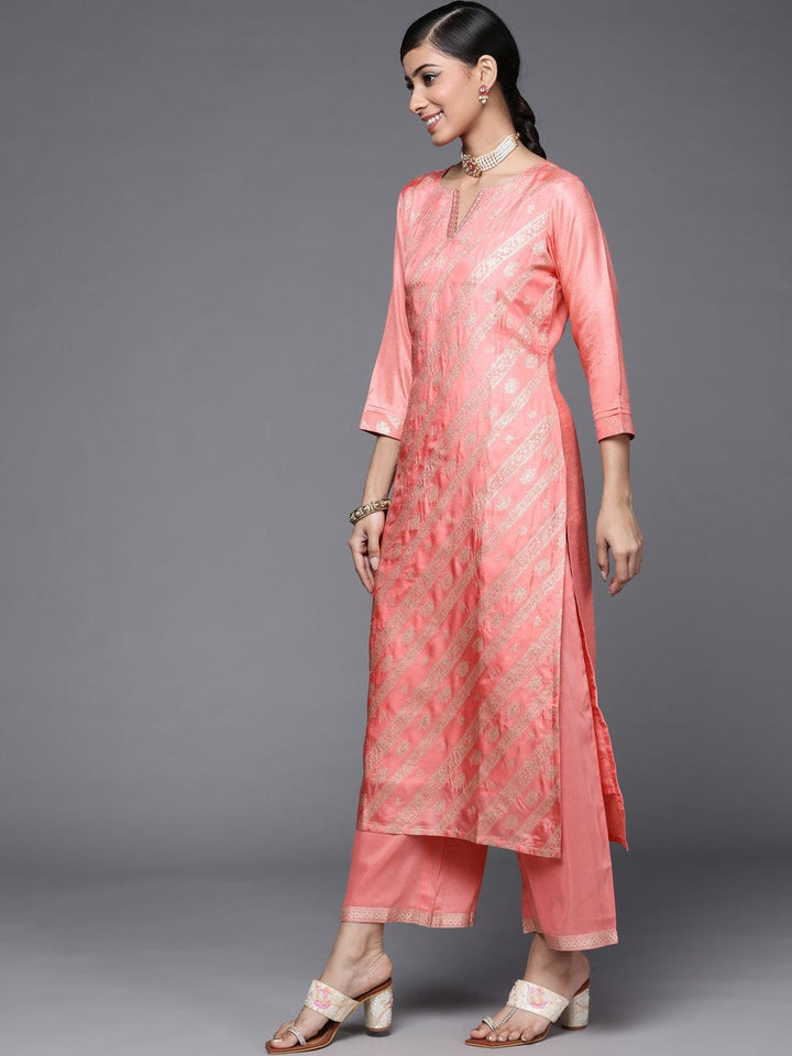 Peach Woven Design Silk Blend Straight Suit Set - ShopLibas