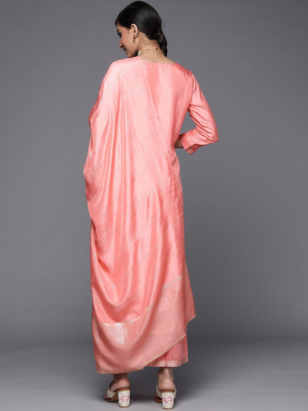 Peach Woven Design Silk Blend Straight Suit Set - ShopLibas