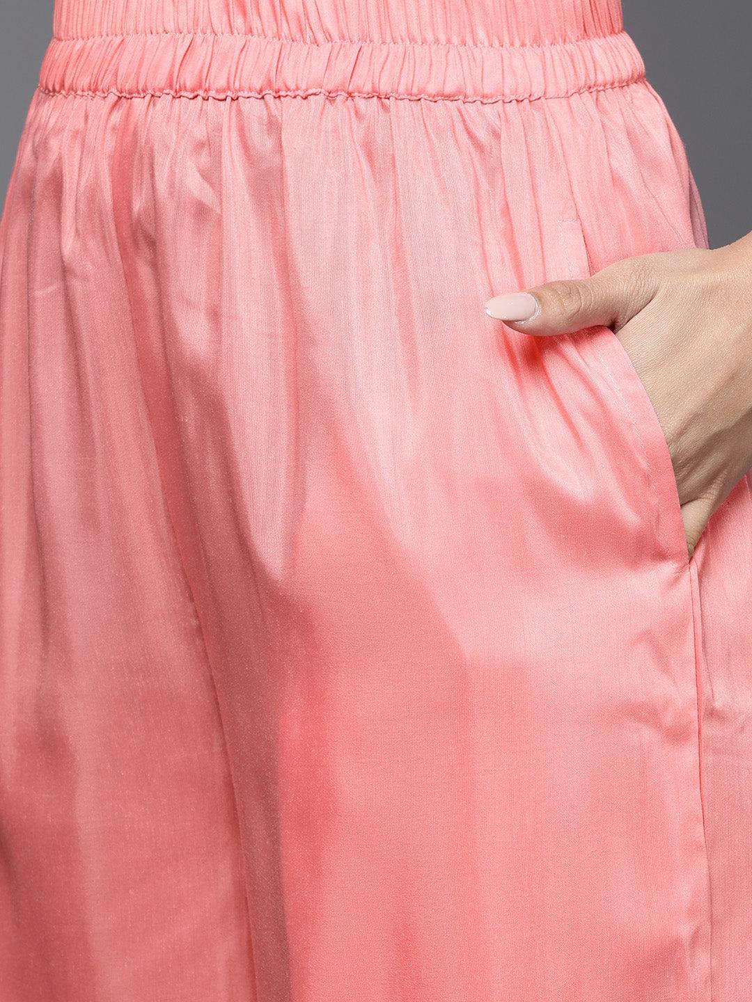 Peach Woven Design Silk Blend Straight Suit Set - ShopLibas