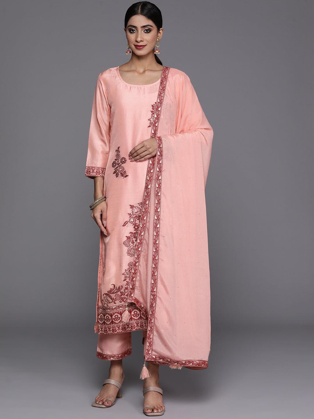 Peach Woven Design Silk Blend Straight Kurta With Trousers & Dupatta