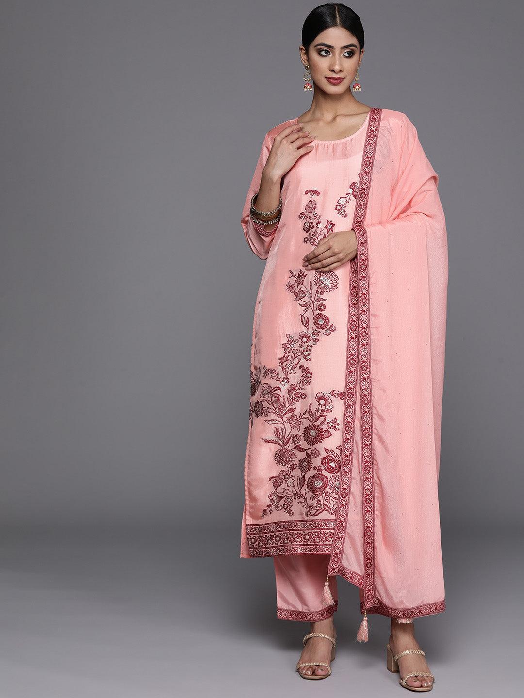 Peach Woven Design Silk Blend Straight Kurta With Trousers & Dupatta - Libas