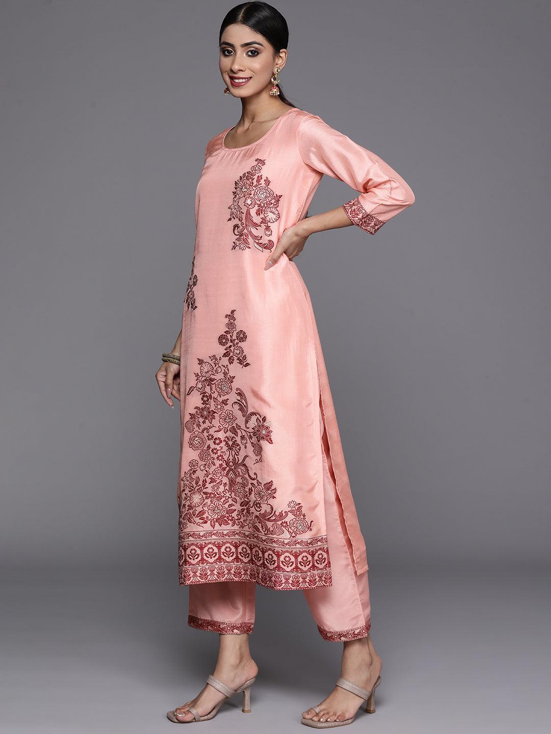 Peach Woven Design Silk Blend Straight Kurta With Trousers & Dupatta