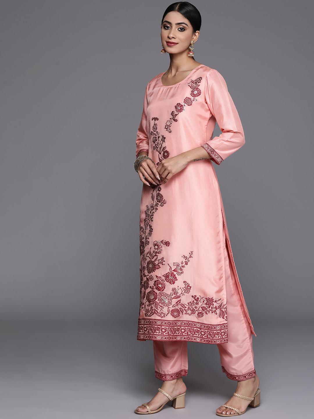 Peach Woven Design Silk Blend Straight Kurta With Trousers & Dupatta