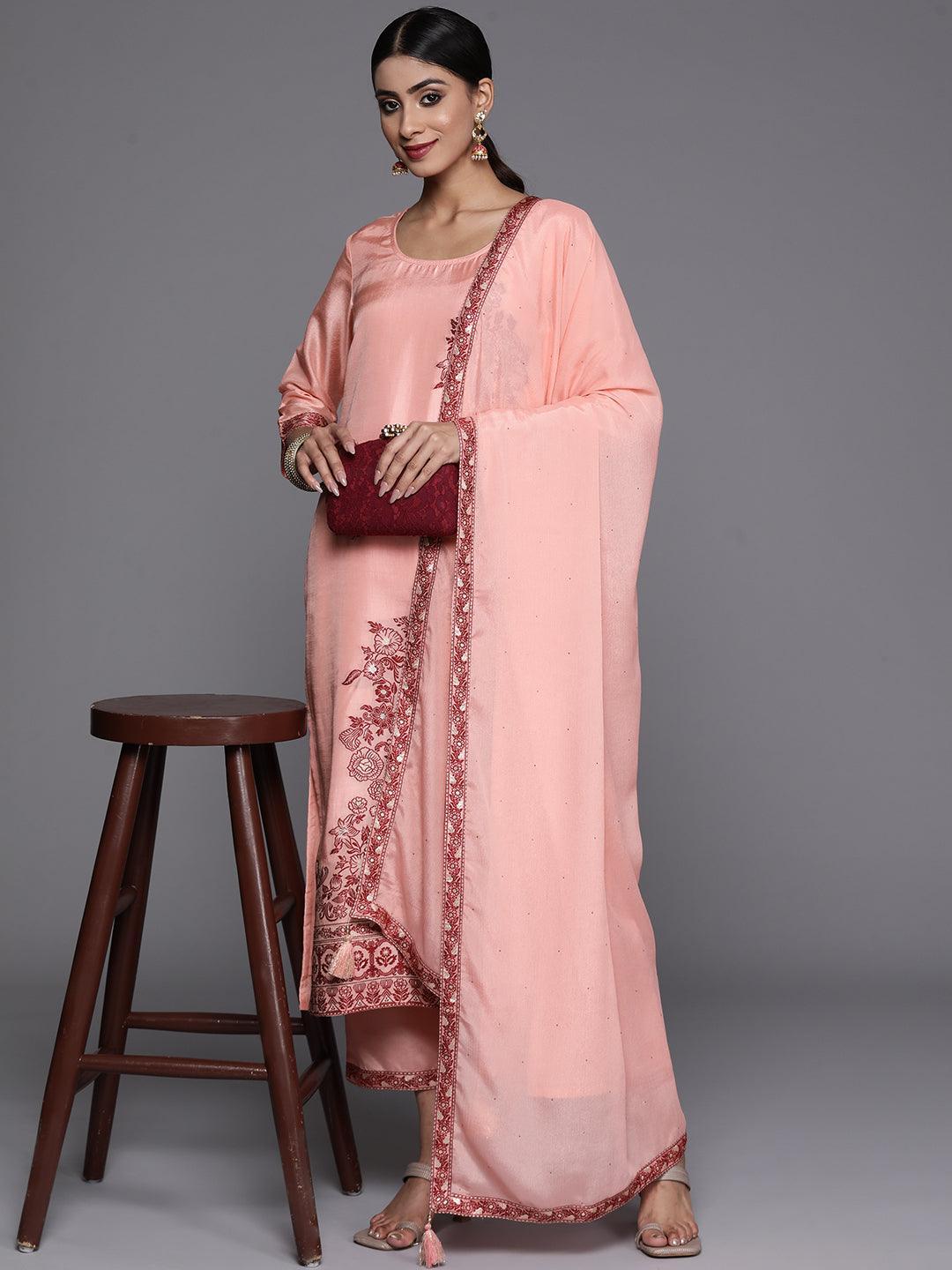 Peach Woven Design Silk Blend Straight Kurta With Trousers & Dupatta