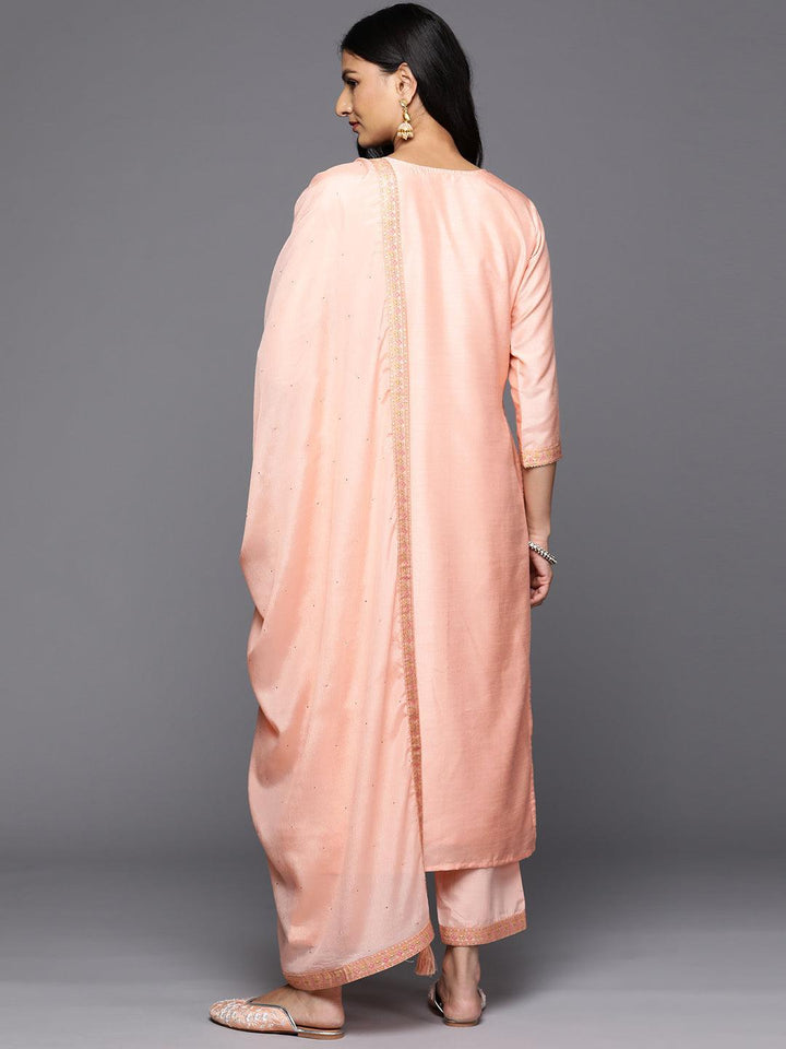 Peach Woven Design Silk Blend Straight Kurta With Trousers & Dupatta - Libas