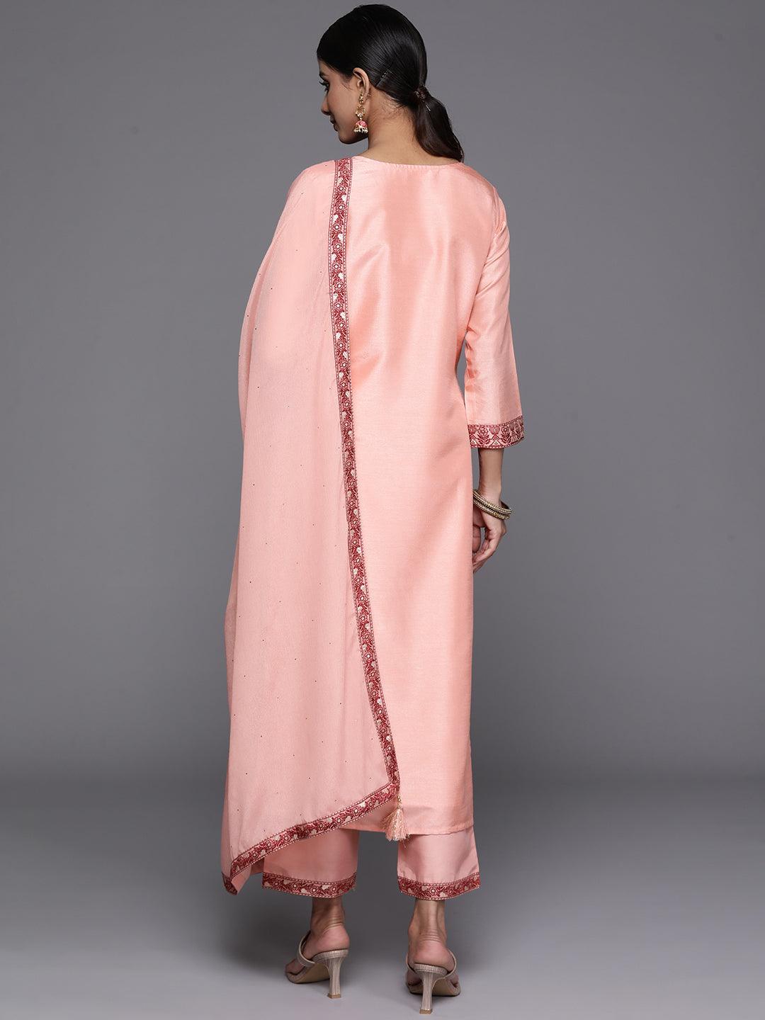 Peach Woven Design Silk Blend Straight Kurta With Trousers & Dupatta