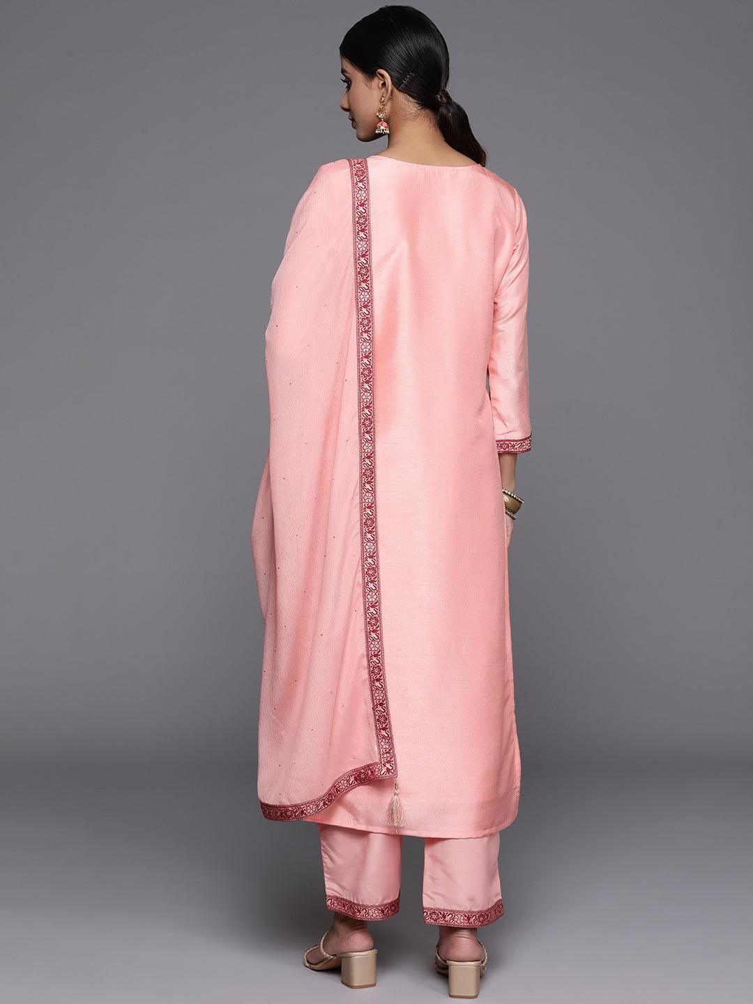 Peach Woven Design Silk Blend Straight Kurta With Trousers & Dupatta - Libas