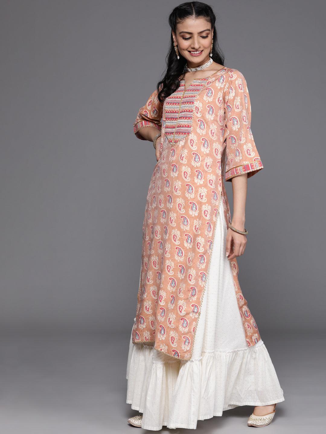 Peach Yoke Design Chanderi Silk Kurta