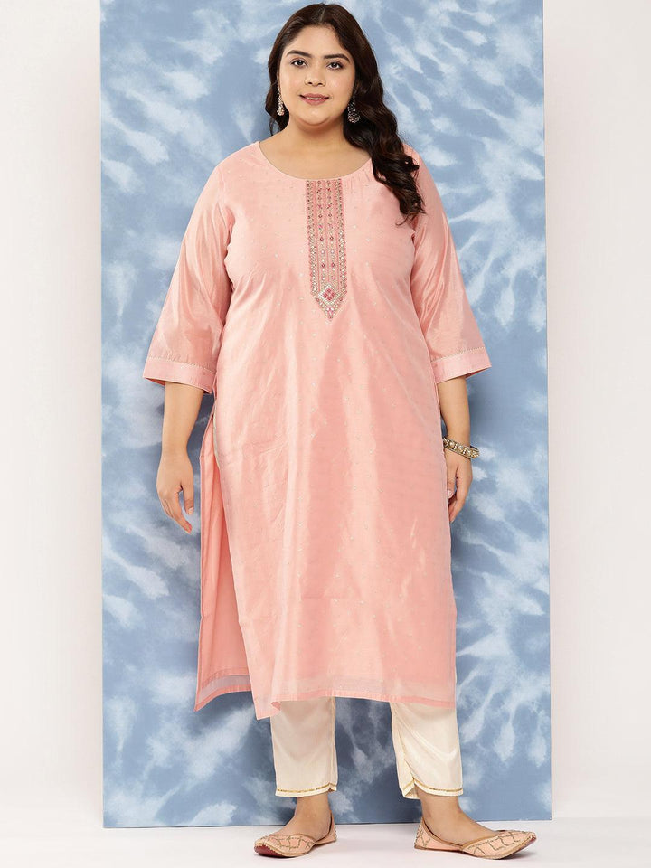 Peach Yoke Design Chanderi Silk Straight Kurta - Libas