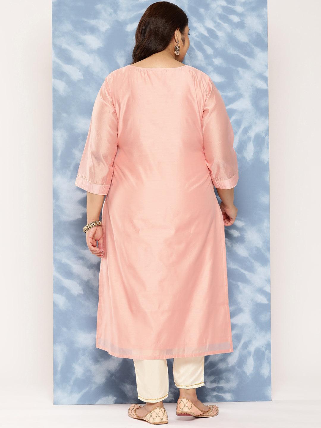 Peach Yoke Design Chanderi Silk Straight Kurta - Libas