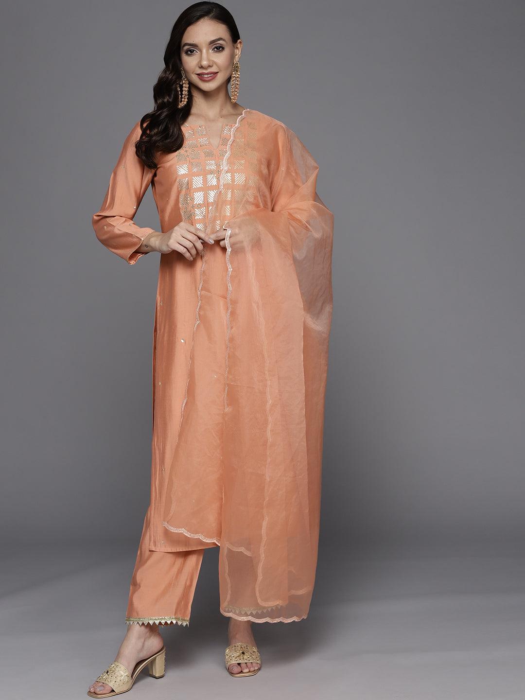 Peach Yoke Design Chanderi Silk Straight Suit Set