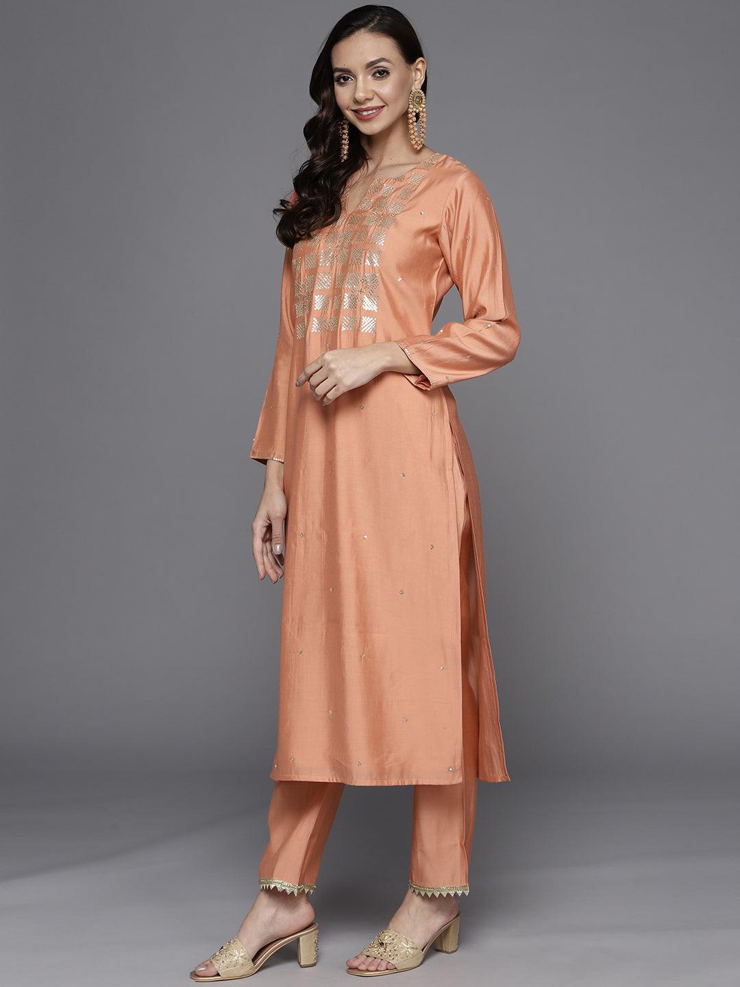 Peach Yoke Design Chanderi Silk Straight Suit Set - ShopLibas