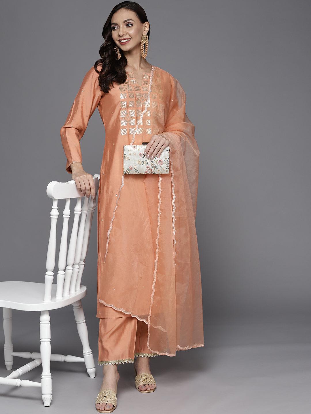 Peach Yoke Design Chanderi Silk Straight Suit Set - ShopLibas