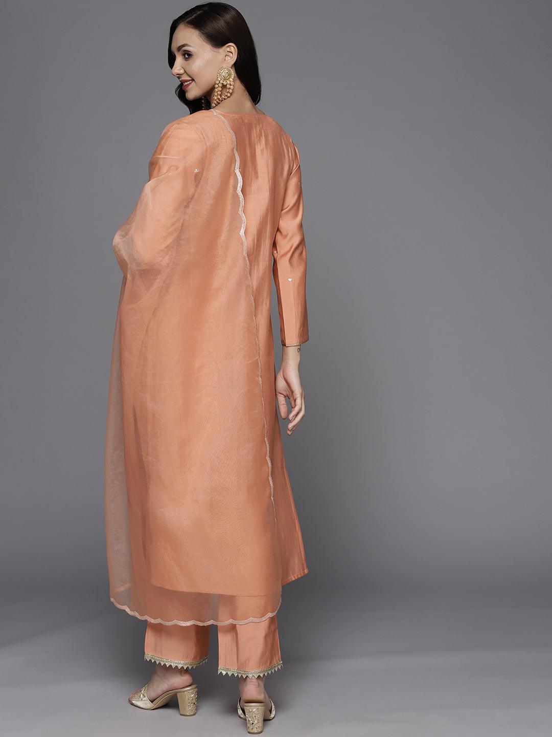 Peach Yoke Design Chanderi Silk Straight Suit Set - ShopLibas