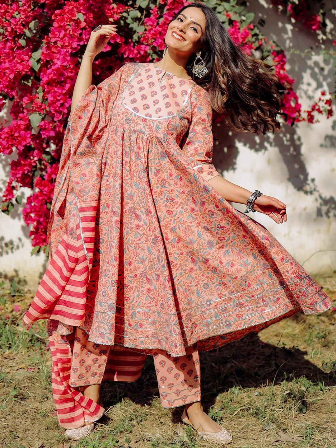 Peach Yoke Design Cotton Anarkali Suit Set With Trousers - ShopLibas