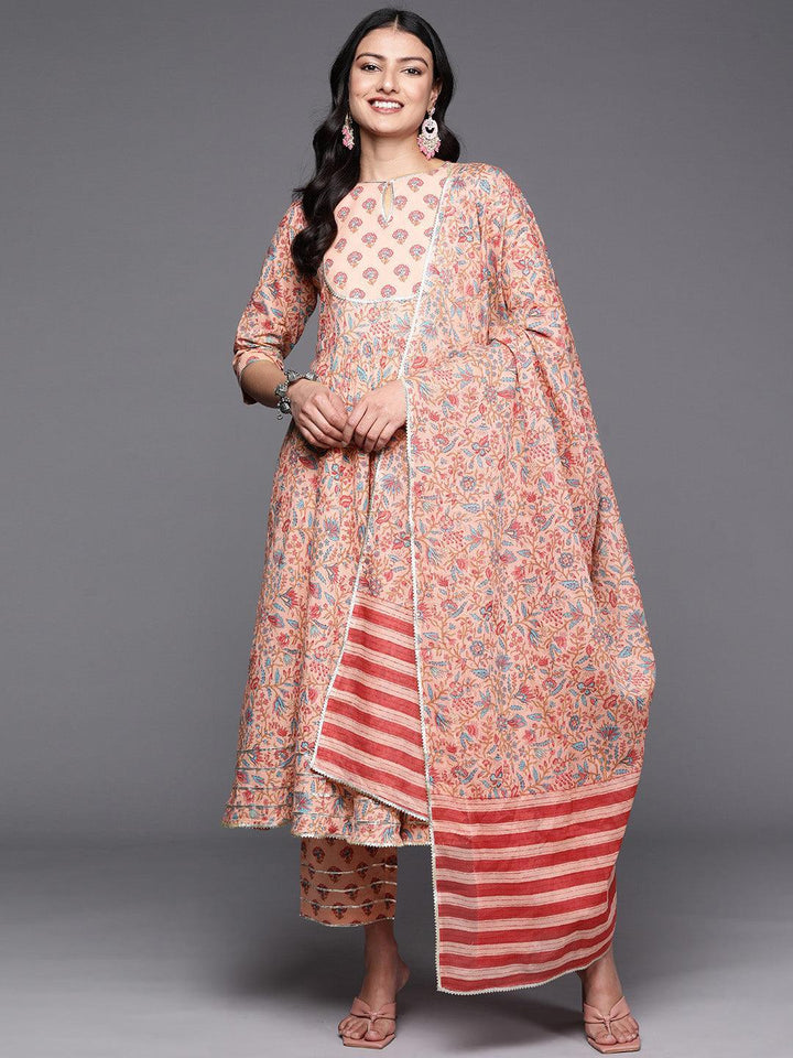 Peach Yoke Design Cotton Anarkali Suit Set With Trousers - ShopLibas