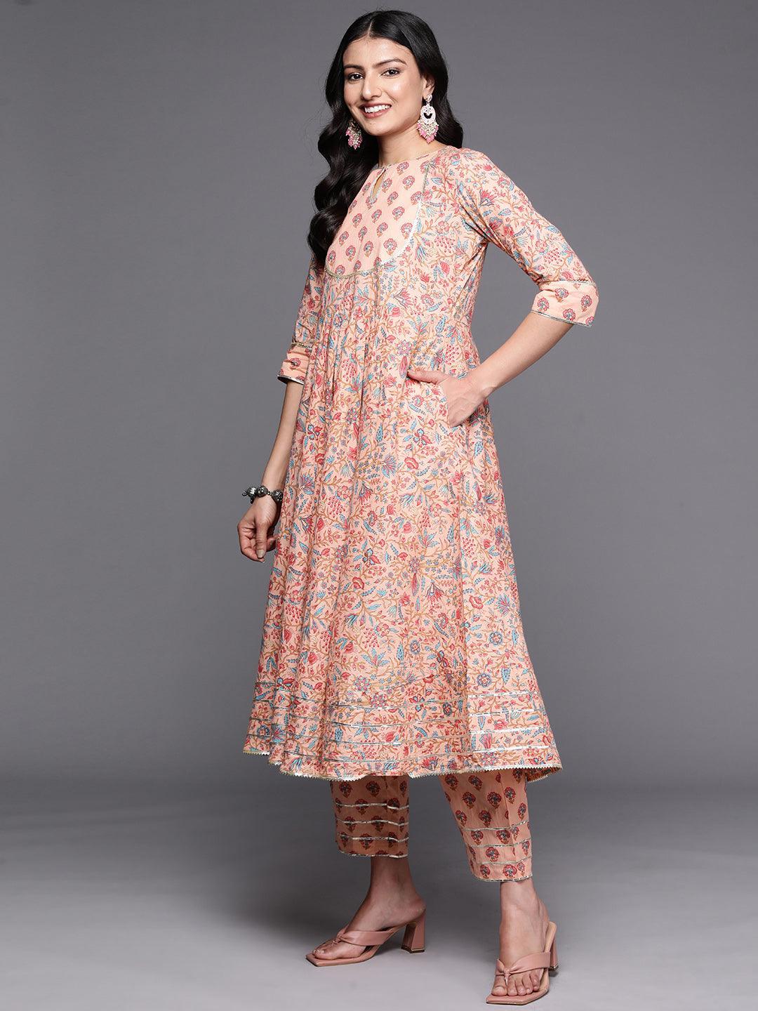 Peach Yoke Design Cotton Anarkali Suit Set With Trousers - ShopLibas