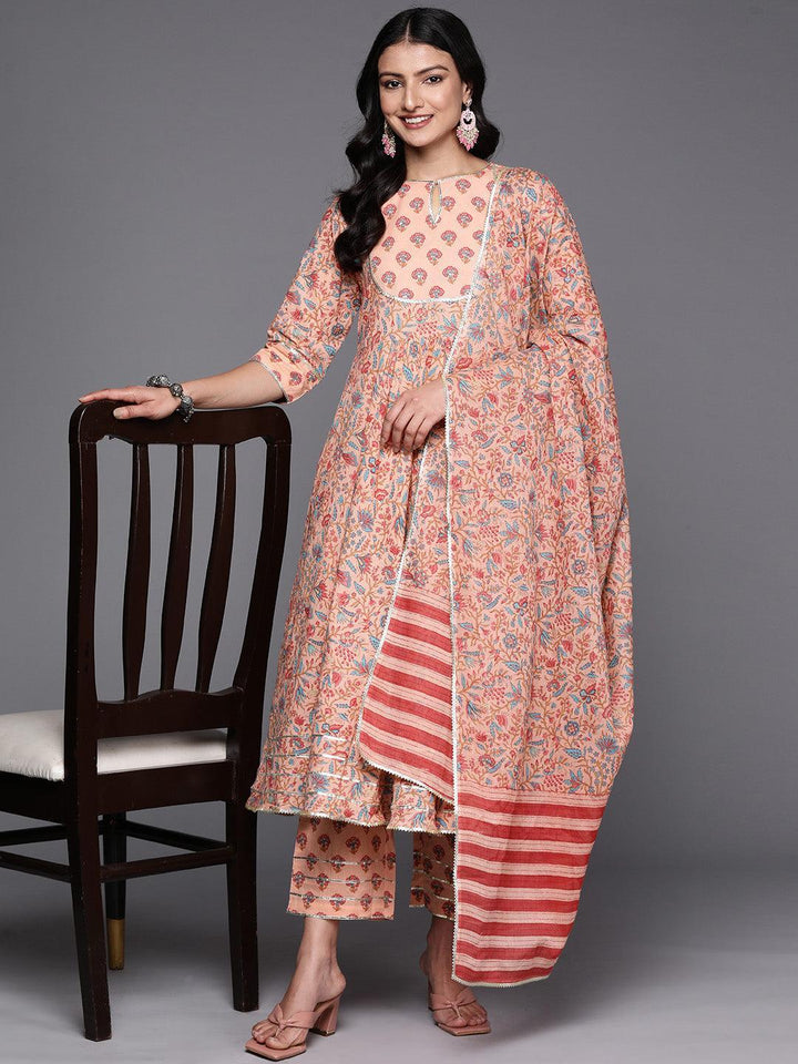 Peach Yoke Design Cotton Anarkali Suit Set With Trousers - ShopLibas