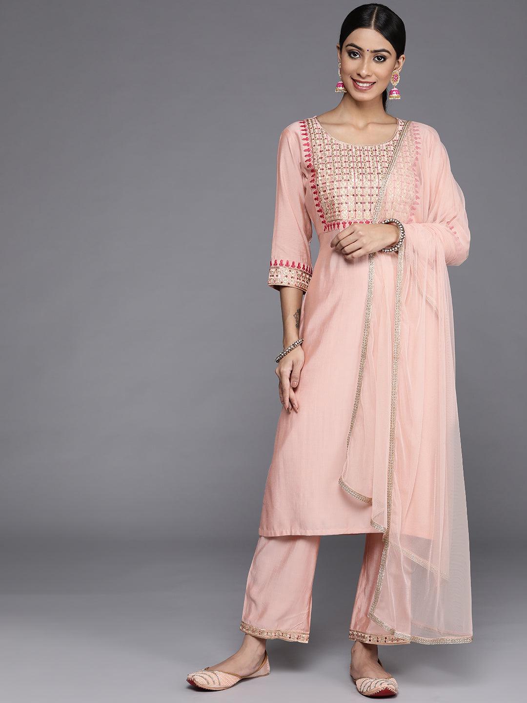 Peach Yoke Design Silk Blend Straight Kurta With Dupatta