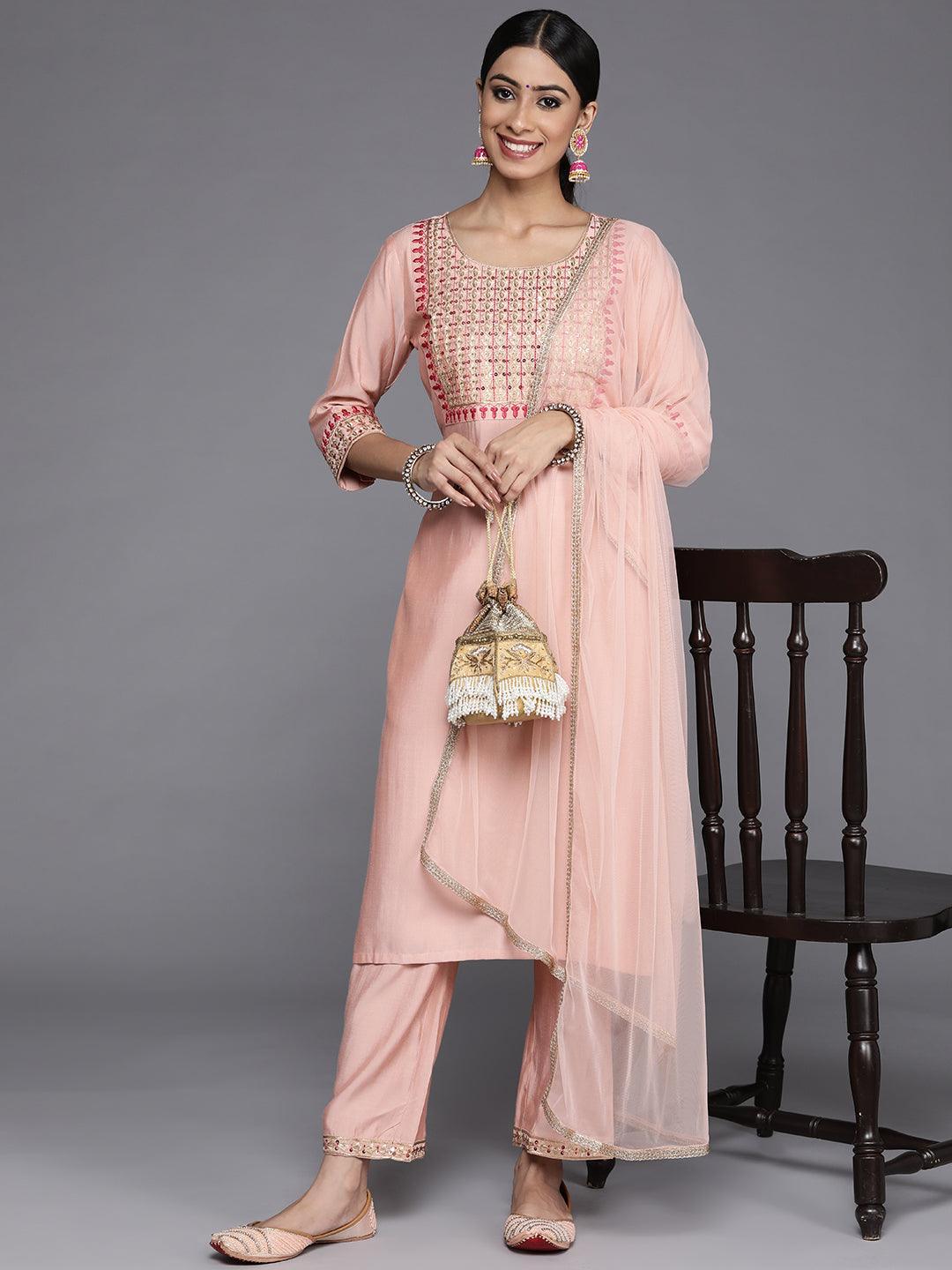 Peach Yoke Design Silk Blend Straight Kurta With Dupatta