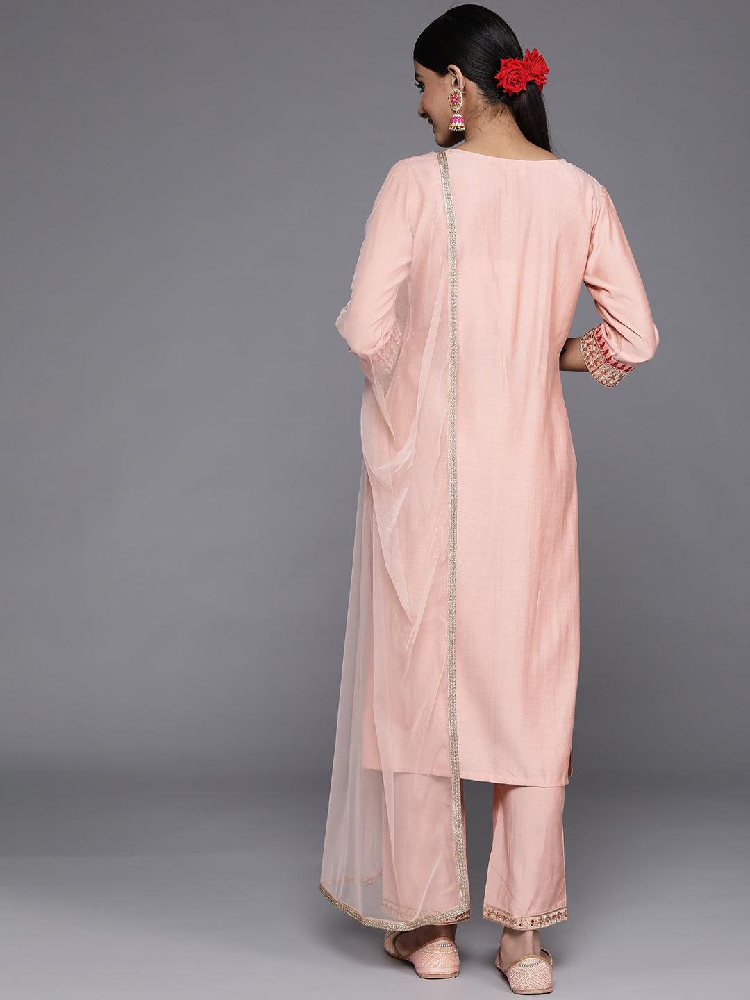 Peach Yoke Design Silk Blend Straight Kurta With Dupatta