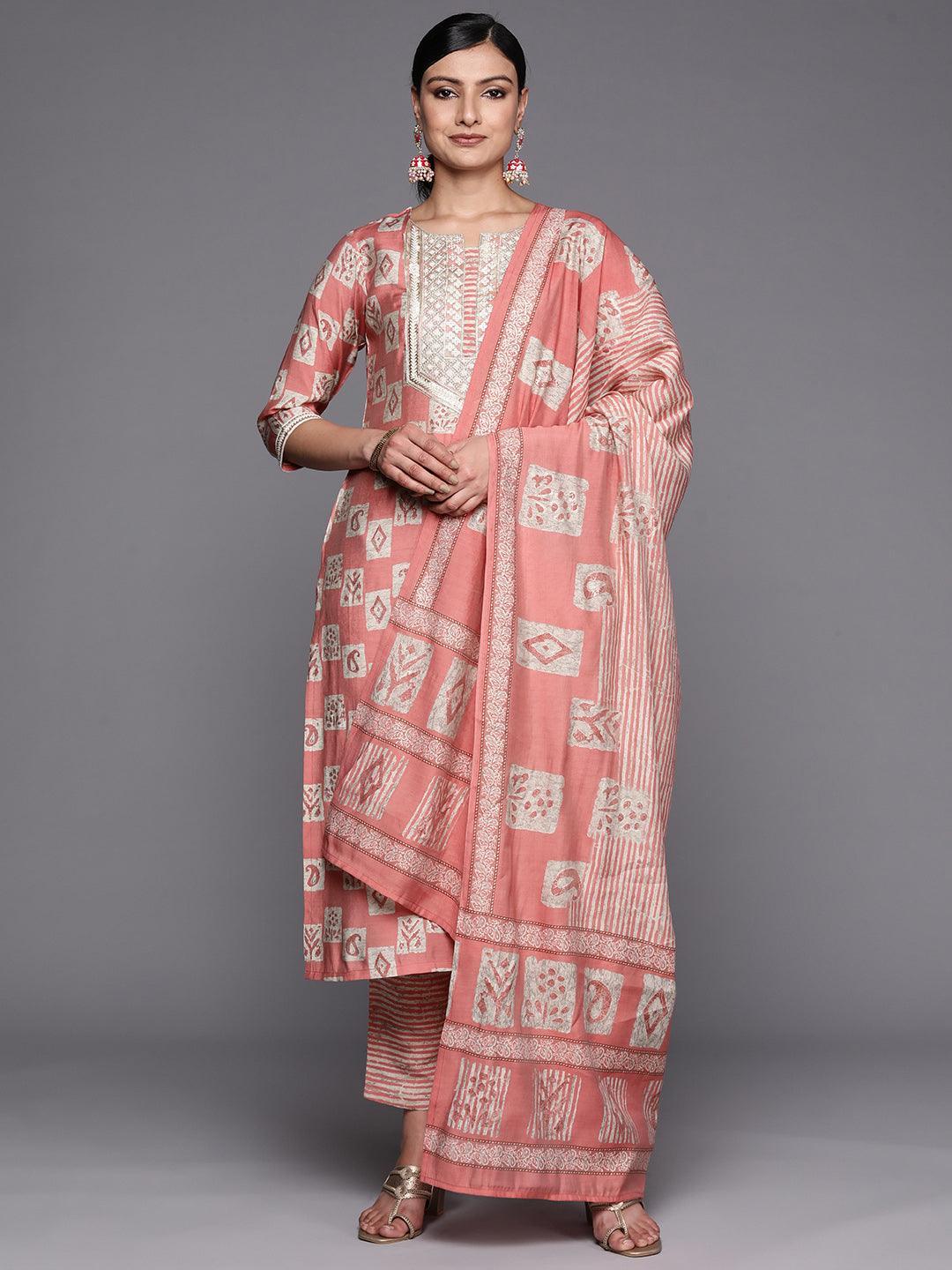 Peach Yoke Design Silk Blend Straight Suit Set With Trousers