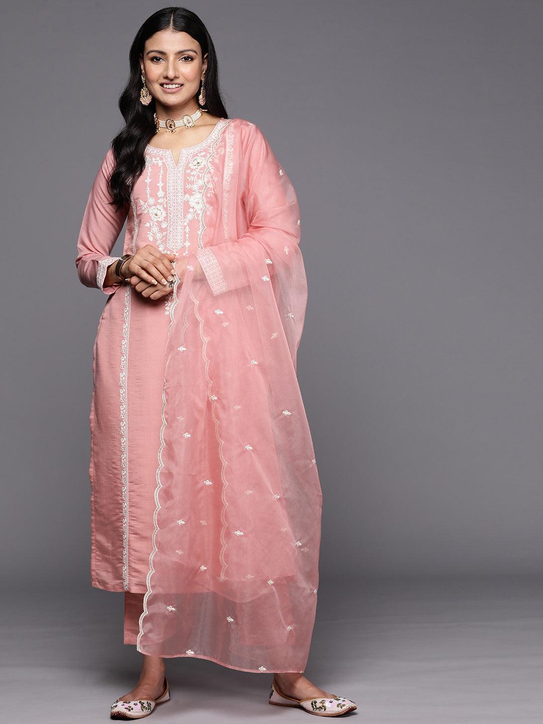 Peach Yoke Design Silk Blend Straight Suit Set With Trousers - ShopLibas