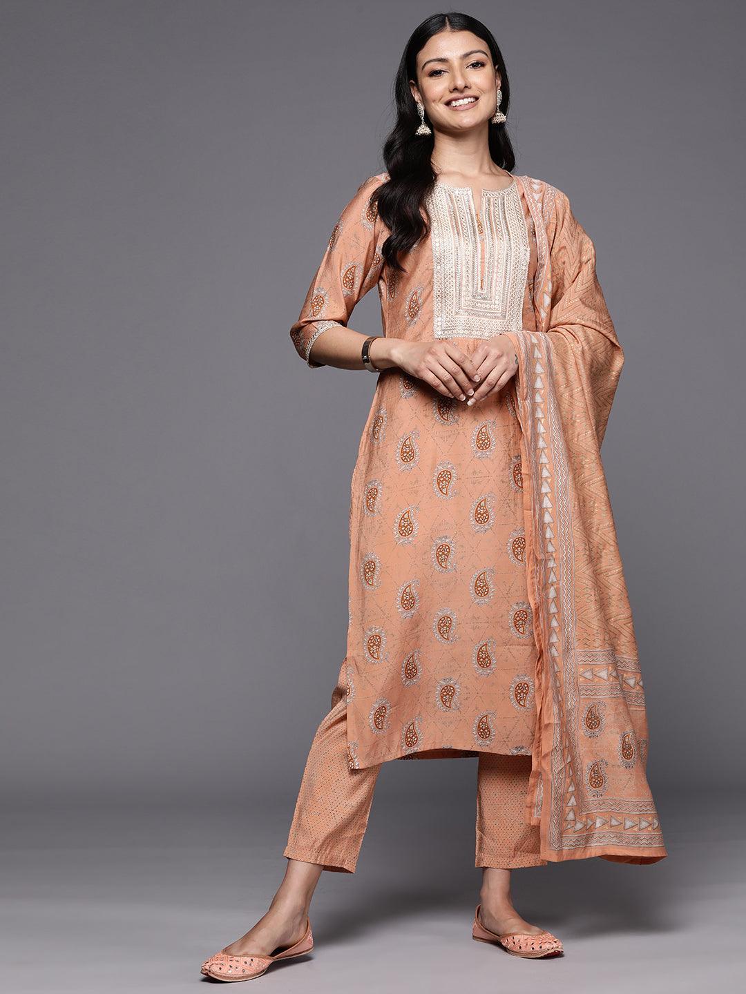 Peach Yoke Design Silk Blend Straight Suit Set With Trousers - ShopLibas