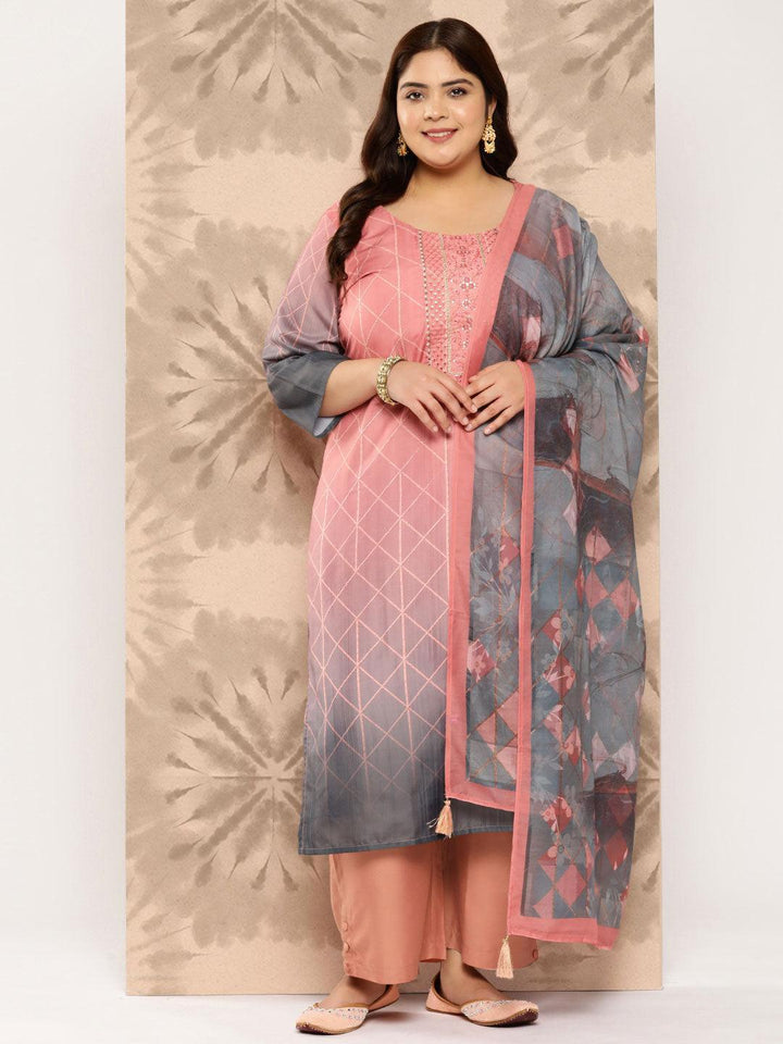 Peach Yoke Design Silk Blend Straight Kurta With Trousers and Dupatta - Libas