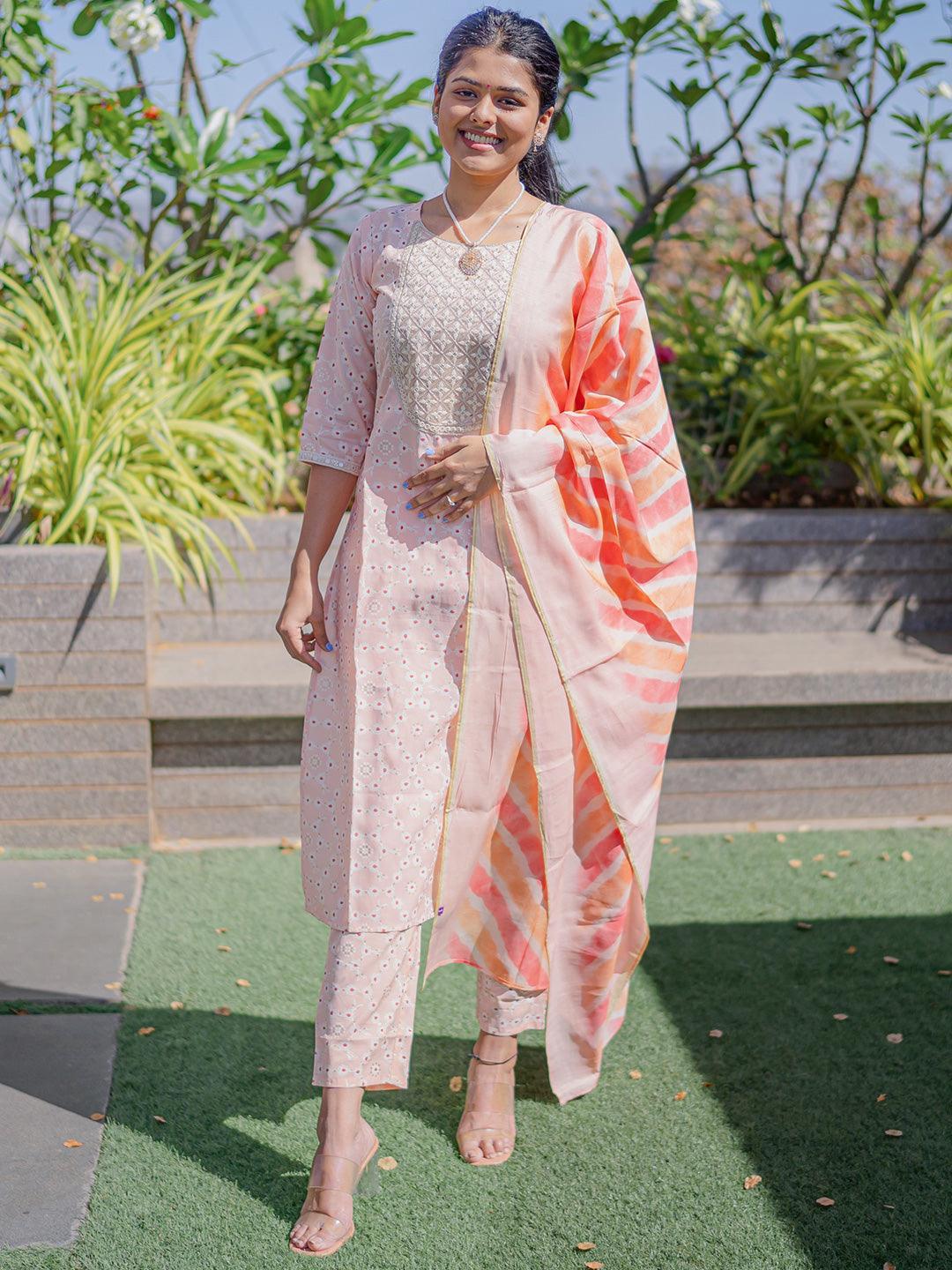 Peach Yoke Design Silk Blend Straight Suit Set With Trousers