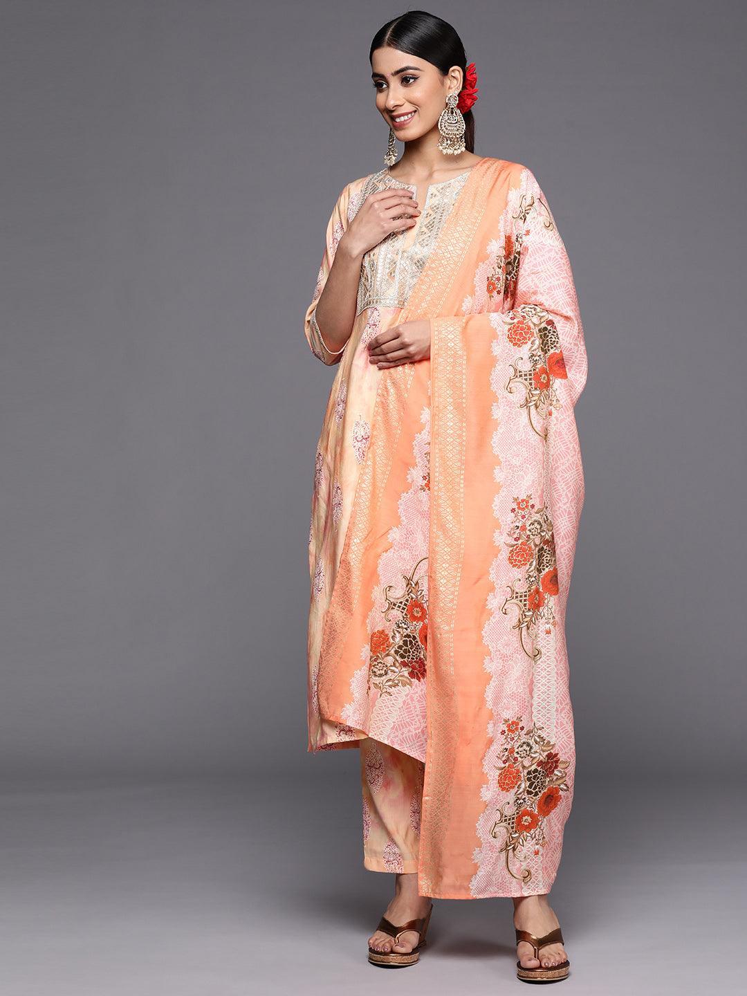 Peach Yoke Design Silk Blend Straight Suit Set With Trousers - ShopLibas