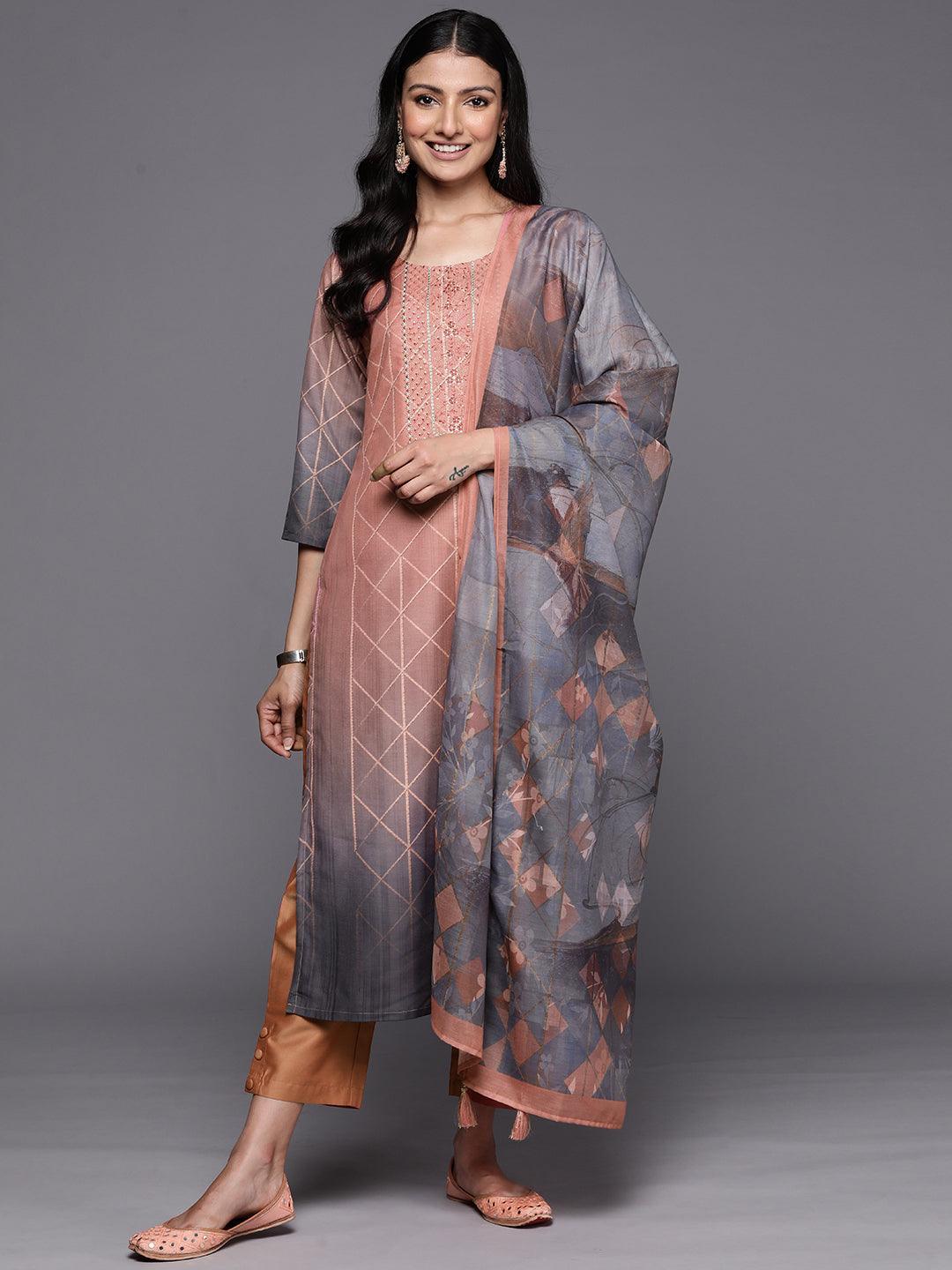 Peach Yoke Design Silk Blend Straight Suit Set With Trousers