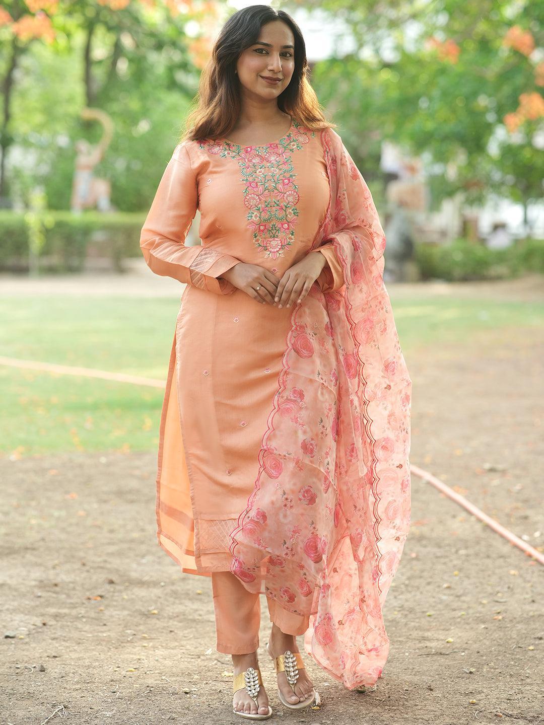 Peach Yoke Design Silk Blend Straight Suit Set With Trousers - ShopLibas