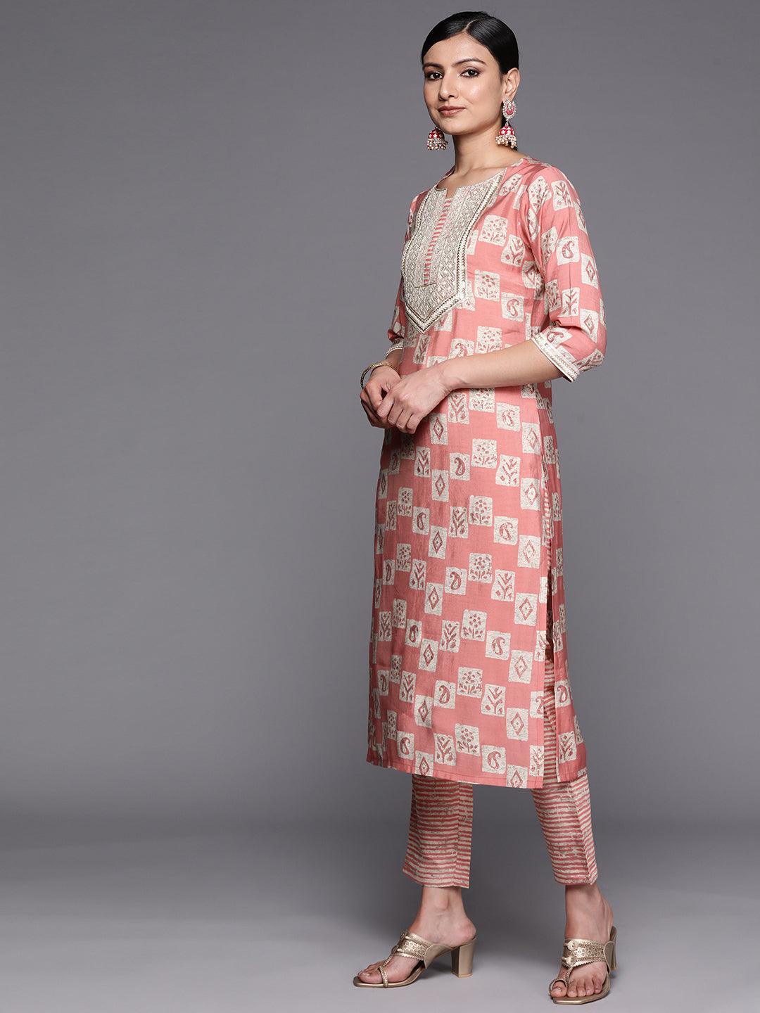 Peach Yoke Design Silk Blend Straight Suit Set With Trousers