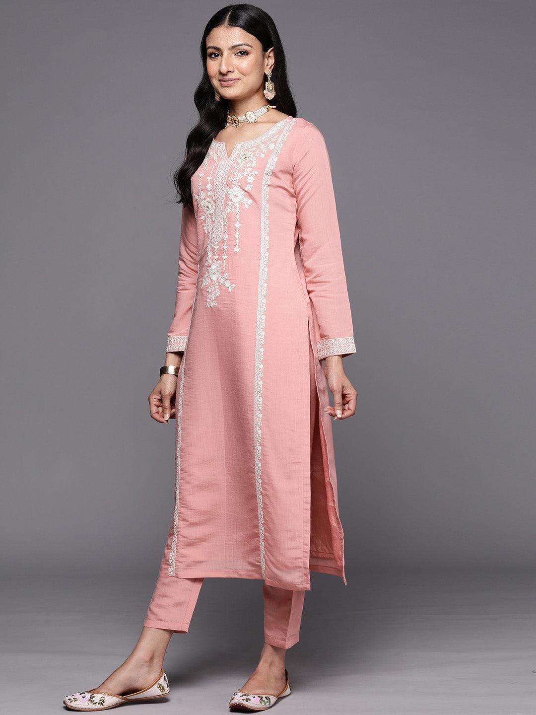 Peach Yoke Design Silk Blend Straight Suit Set With Trousers - ShopLibas