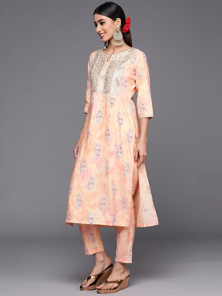 Peach Yoke Design Silk Blend Straight Suit Set With Trousers - ShopLibas