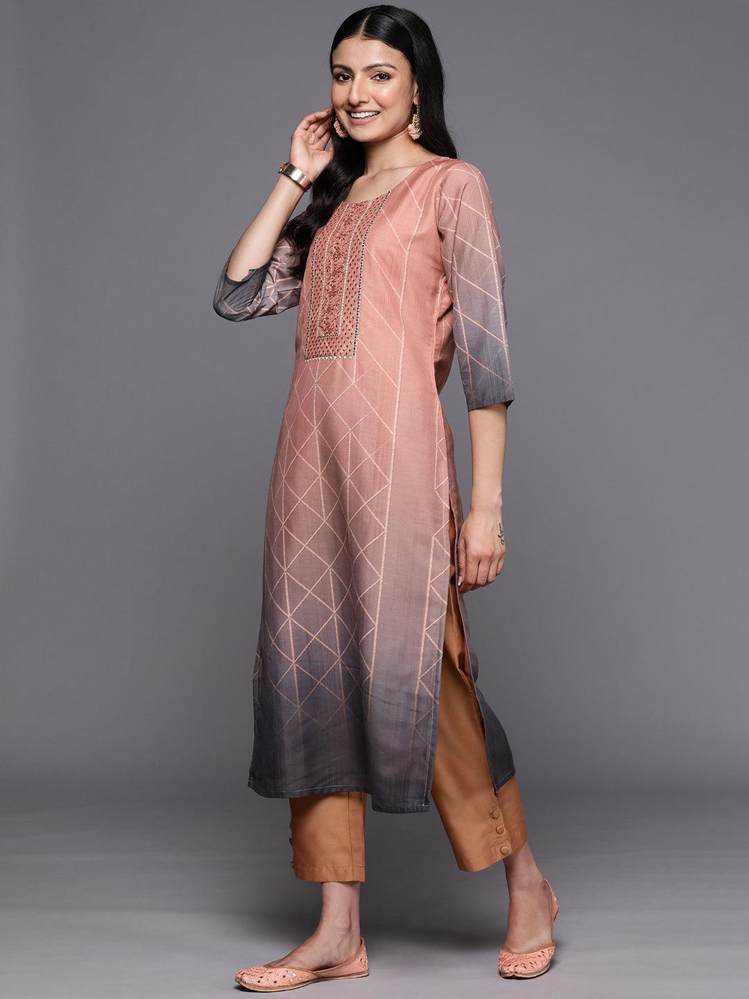 Peach Yoke Design Silk Blend Straight Suit Set With Trousers