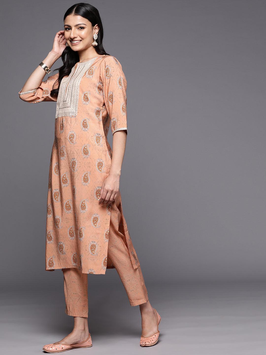 Peach Yoke Design Silk Blend Straight Suit Set With Trousers