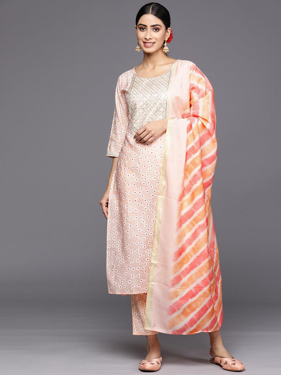 Peach Yoke Design Silk Blend Straight Suit Set With Trousers