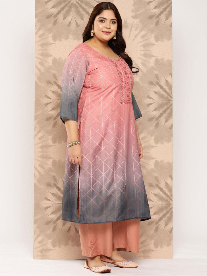 Peach Yoke Design Silk Blend Straight Kurta With Trousers and Dupatta - Libas