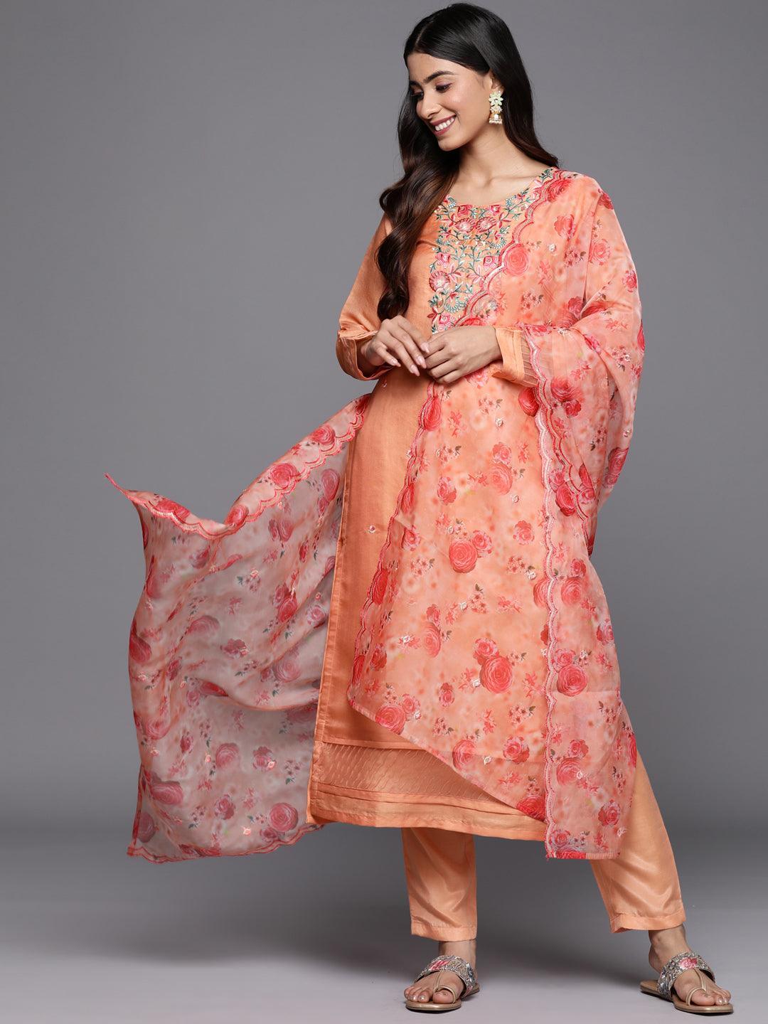 Peach Yoke Design Silk Blend Straight Suit Set With Trousers - ShopLibas