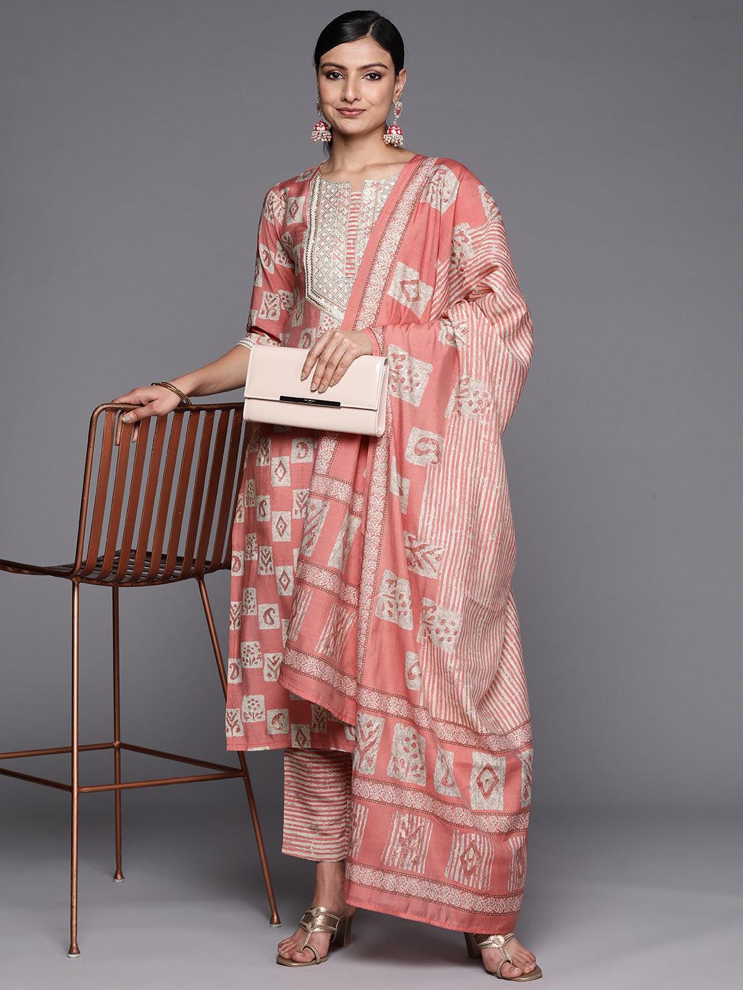 Peach Yoke Design Silk Blend Straight Suit Set With Trousers