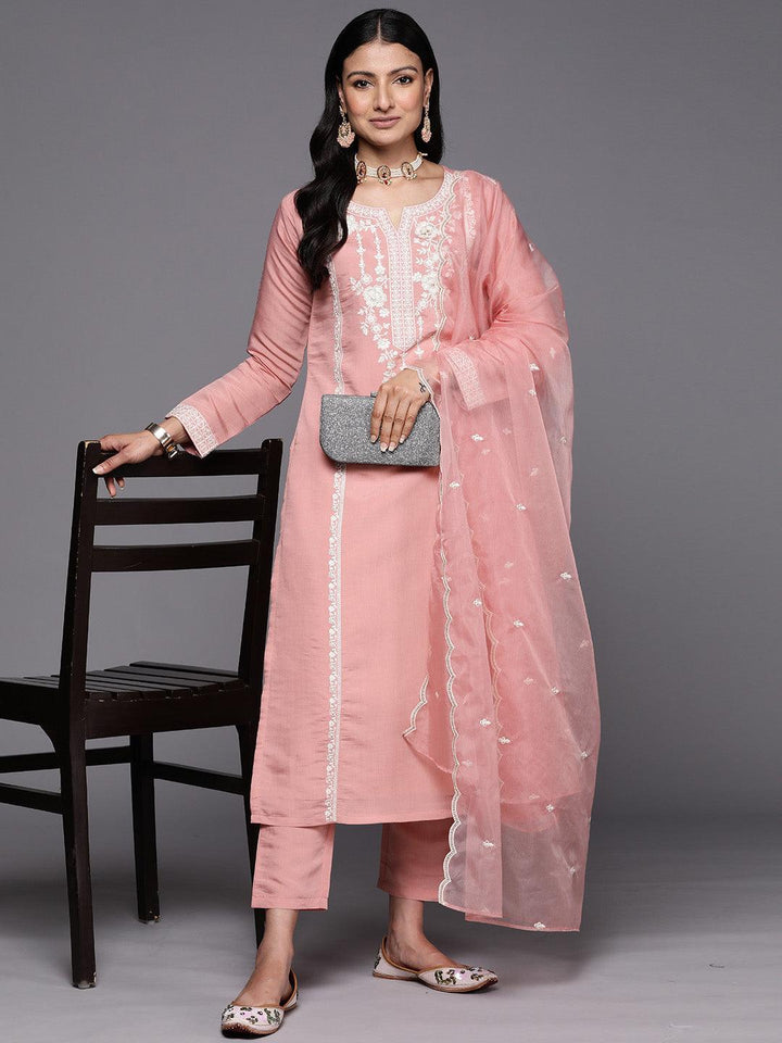 Peach Yoke Design Silk Blend Straight Suit Set With Trousers - ShopLibas