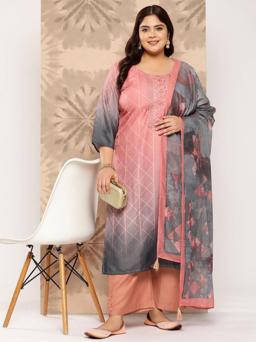 Peach Yoke Design Silk Blend Straight Kurta With Trousers and Dupatta - Libas